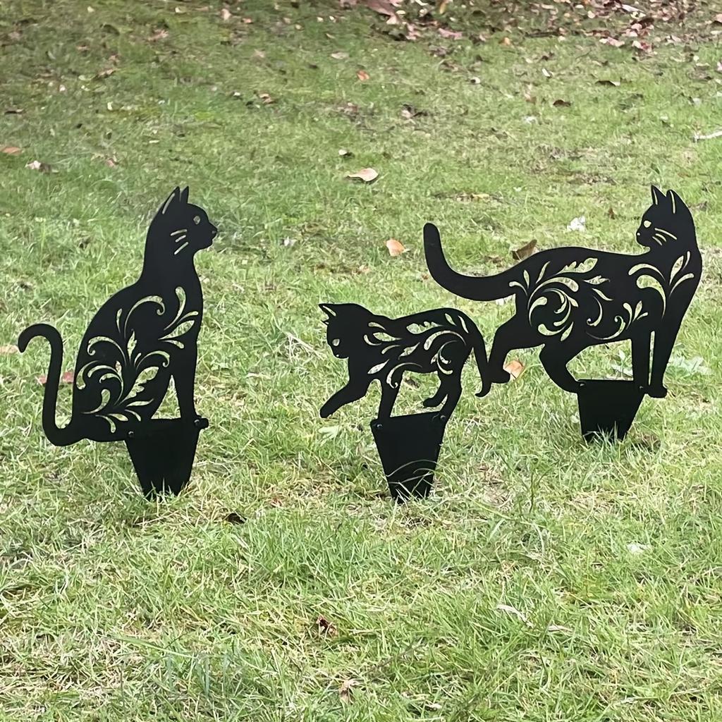 3pcs Black Metal Cat Garden Stakes Outdoor Decorative Statues Yard Lawn Ornaments Halloween Christmas New Year Gift