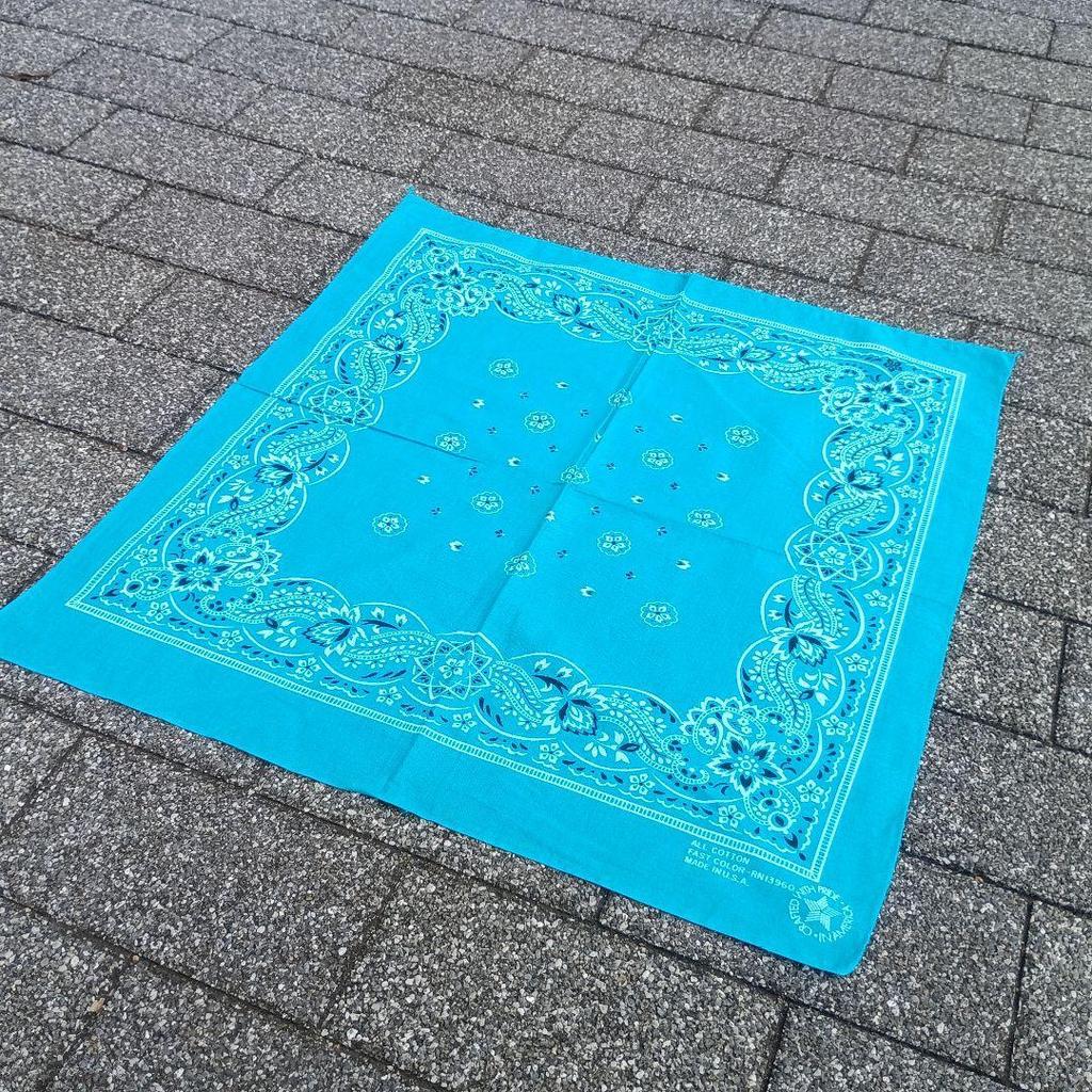 Used 80s~ Turquoise Blue Vintage Made In USA Bandana