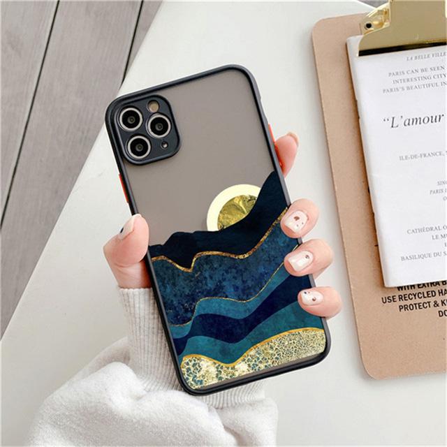 Husă cu pictură de peisaj de modă pentru iPhone 11 Pro Max XS Max XR X 13 12 Mini 7 8 Plus SE2020 Husă transparentă, antișoc, cu bară de protecție mată