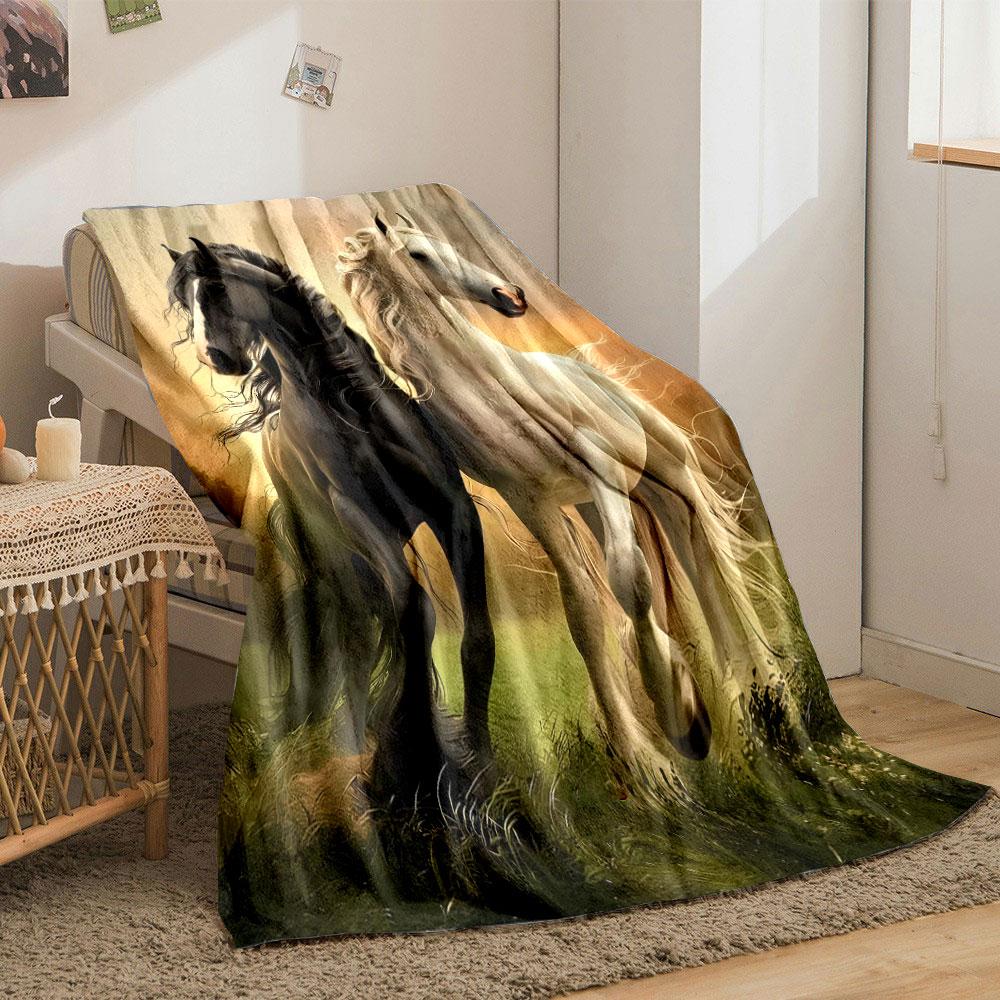 Black and White Horses Printed Blanket bedroom Blanket for Livingroom Couch lunch break Soft throw for Friend's festival Gift