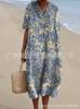 New Loose Casual Comfortable V-neck Digital Printing Pleated Large Version Dress