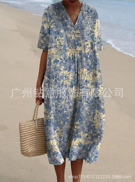 New Loose Casual Comfortable V-neck Digital Printing Pleated Large Version Dress