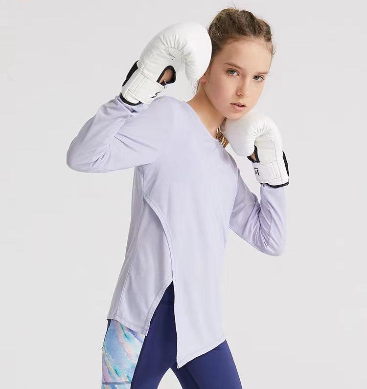 

Весенняя женская быстросохнущая нейлоновая футболка для йоги - Эластичная, Дышащая, С длинным рукавом и разрезом 140 фиолетовый