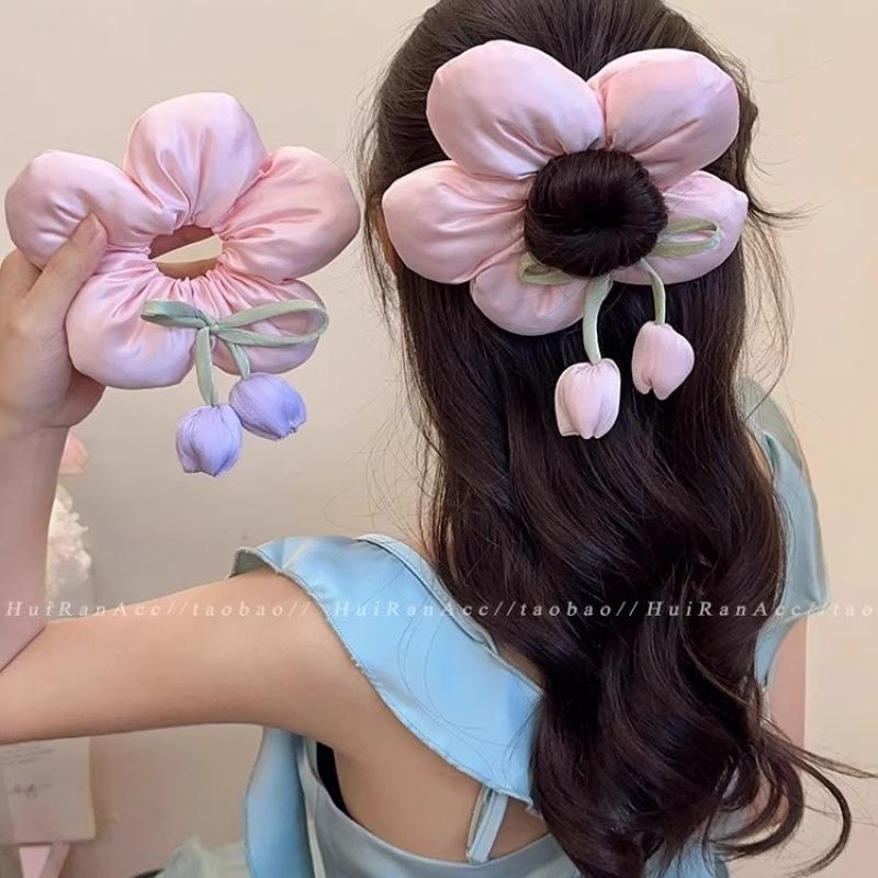 Sweet Gentle Women Tulip Flowers Ribbons Hair Scrunchies Fairy Bowknot Streamers Hair Ribbons Ponytail Holder Hair Accessories