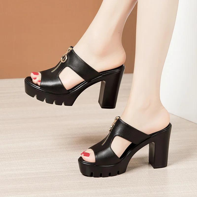 

10cm Small Size 32-43 Elegant Gold Wedding Shoes Soft Leather Slippers 2026 Women s Block High Heels Sandals Slides for Office 43 чорний