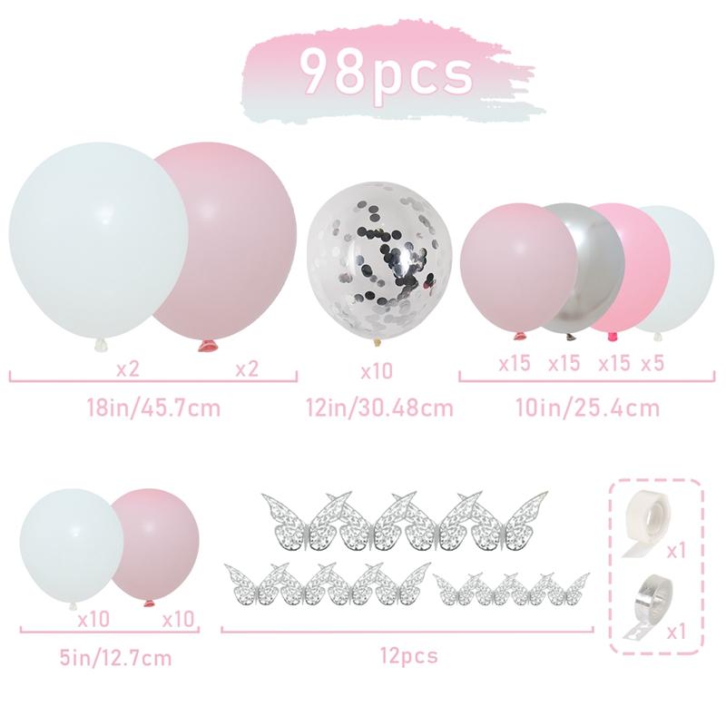 98pcs Pink Silver Butterfly Balloon Garland Arch Kit Birthday Party Decoration Kids Wedding Decor Baby Shower Girl Latex Baloon