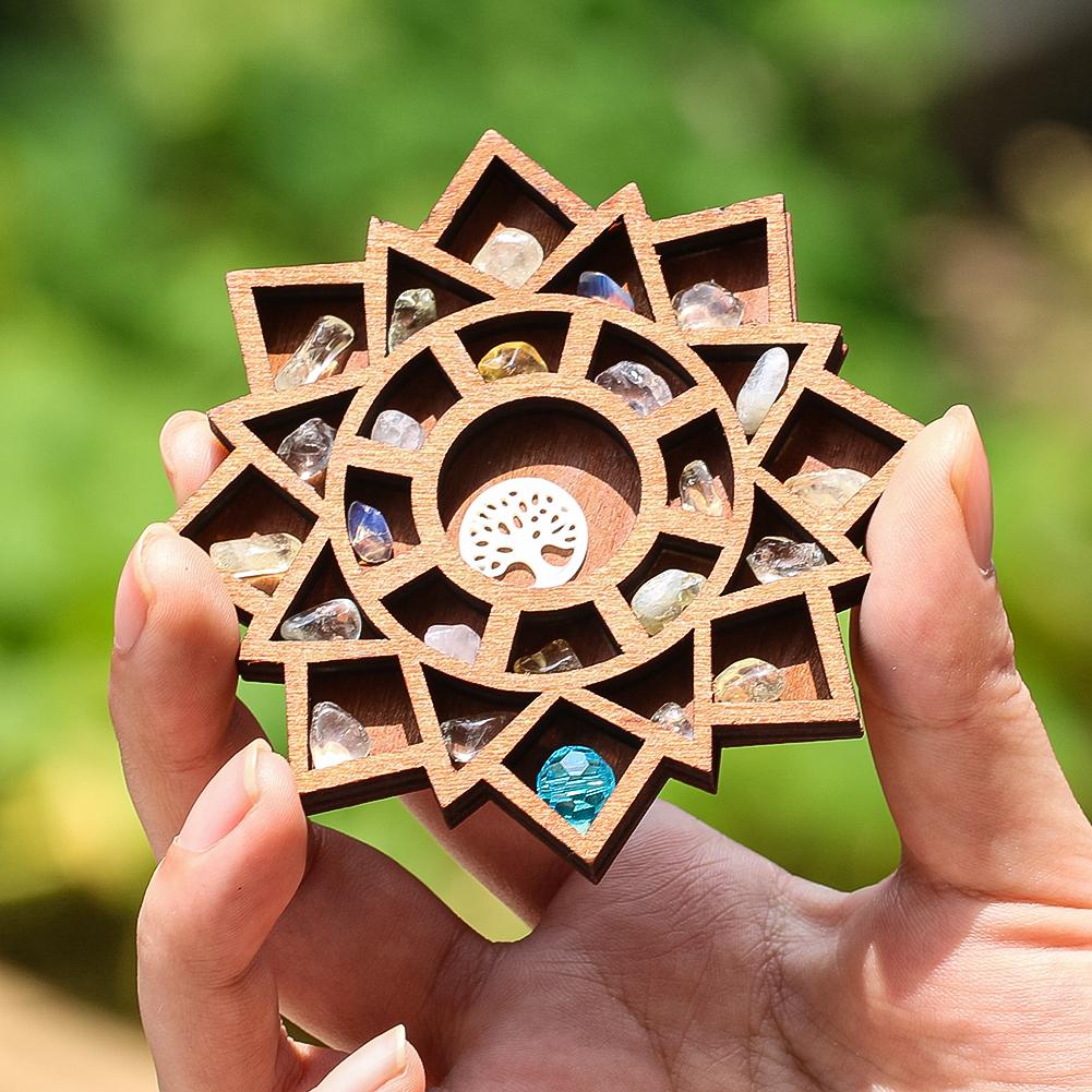 D5 Miniature Figurines Trinket Shelf Wood Mandala Crystal Stone Mineral Specimen Display Storage Box Candy Toy Scene Decor Tray