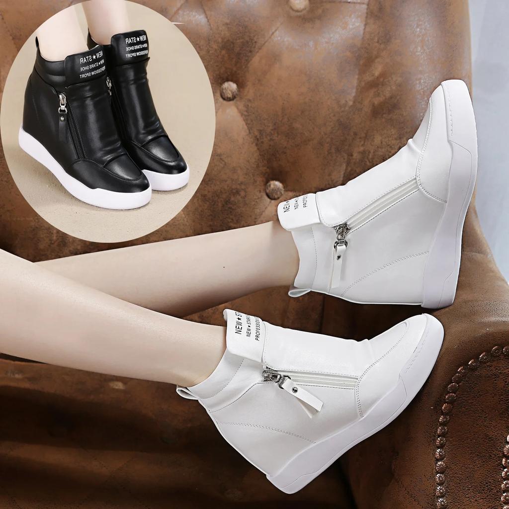 2025 New High Top Women Sneakers Autumn Winter Hidden Heel Casual Shoes Side Zip Women White Platform Wedge Rivet Shoes