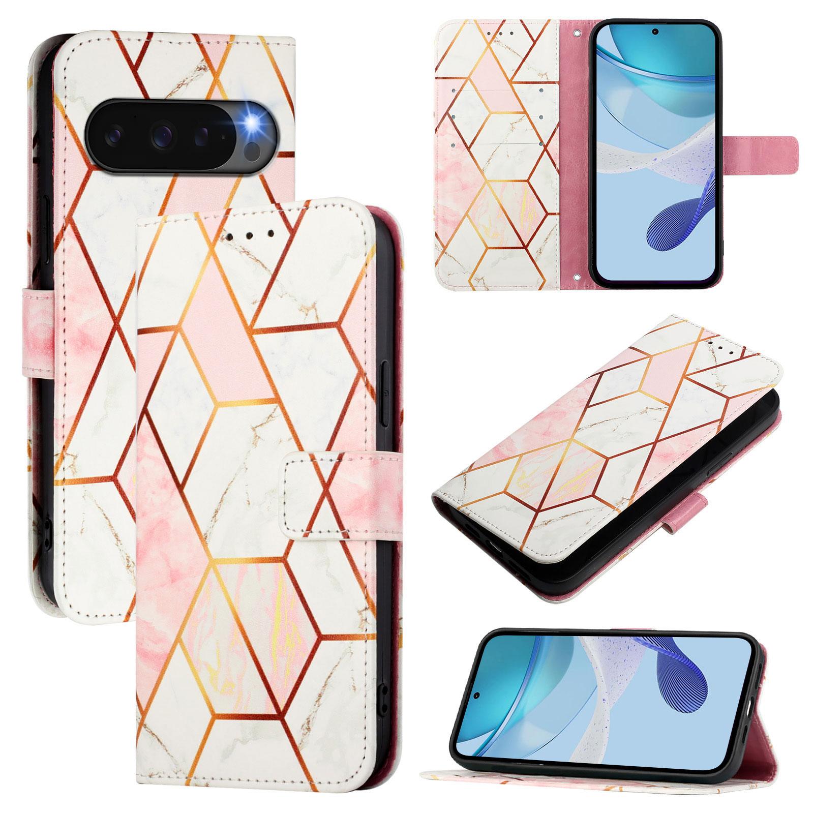 

For Google Pixel 10 Pro/Google Pixel 10 Case with Strap Marble Pattern Leather Phone Cover Card Holder Pink/White LS002