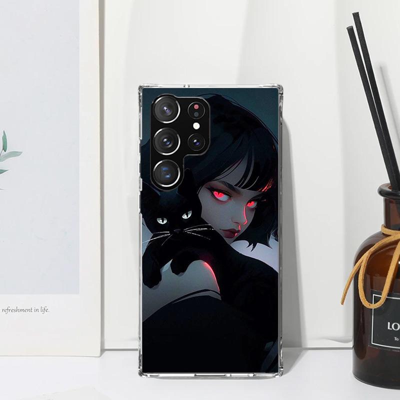 Anime Girls Cute Black Cat Phone Case For Samsung Galaxy S26 S25 Edge S24 FE S23 S22 Ultra S21 Plus S20 + Art Fundas Back Cover