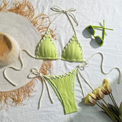 2Pcs/Set Women Bikini Set Sexy Pleated Patchwork Color Halter Bra High Waist Swimming Briefs Set Lace-up Beach Swimwear