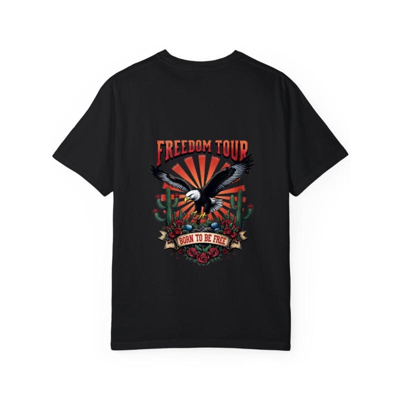 Freedom Tour T Shirt White Eagle Cactus and Roses Print Born To Be Free Text Graphic Tee for Casual Outfits and Outdoor Events