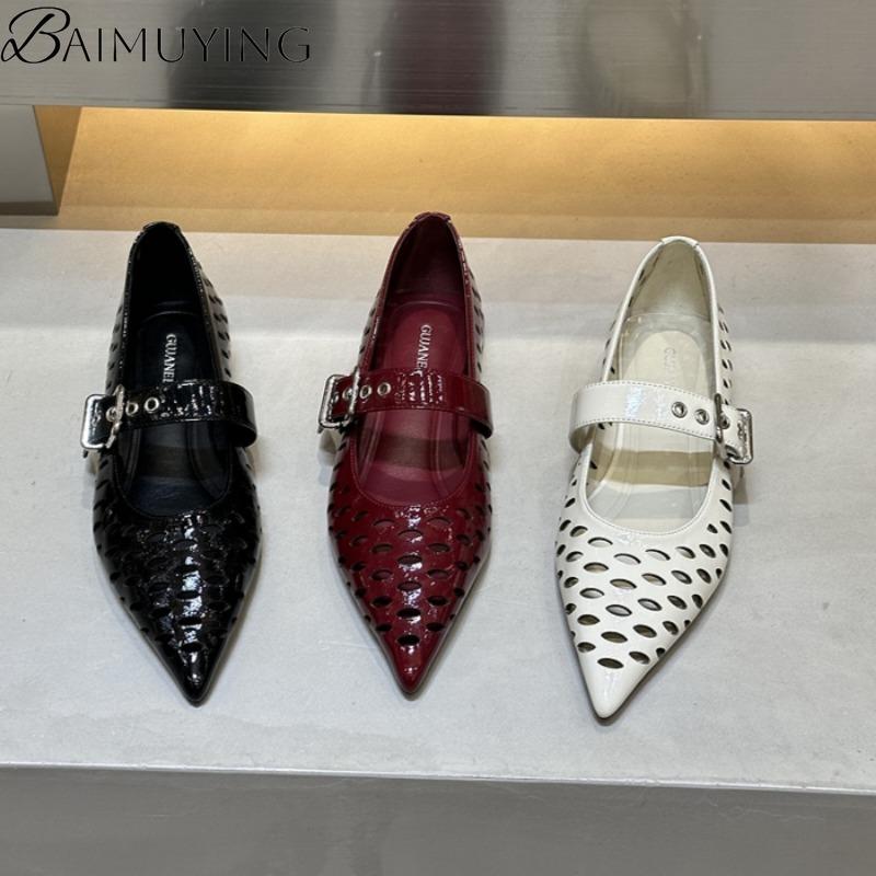 Spitze Zehenpartie Ausgeschnittene Sandalen Damen Mary Janes Schuhe Niedrige Absätze Sommer 2025 Trend Flach Klobig Leder Schnallenriemen Kleid Party