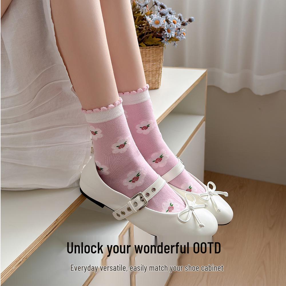 Women's Mid-Calf Lace Cotton Socks - Antibacterial, High Elasticity, Fresh Spring & Autumn Style