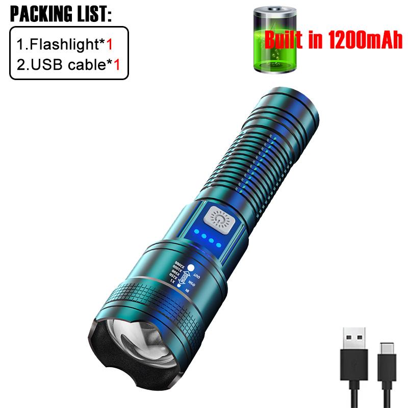 Super Bright P120 LED Flashlight Strong Light USB Rechargeable Zoom Torch Lamp With Power Display Multifunction Camping Lantren