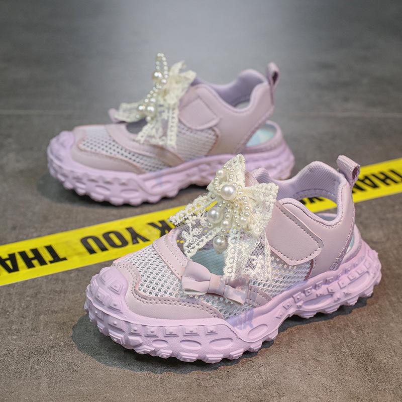 Girls Sports Sandals Mesh Breathable Kids Princess Shoes Lace Bows Sweet 2025 Summer New Children Running Shoes Hook&loop Soft