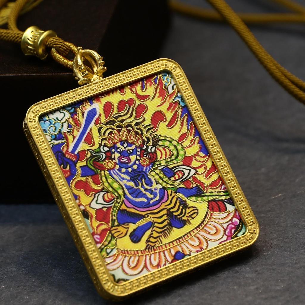Gold-Painted Tibetan Thangka Pendant with Eight Guardian Deities in Zhakiram Mahakala Gau Design
