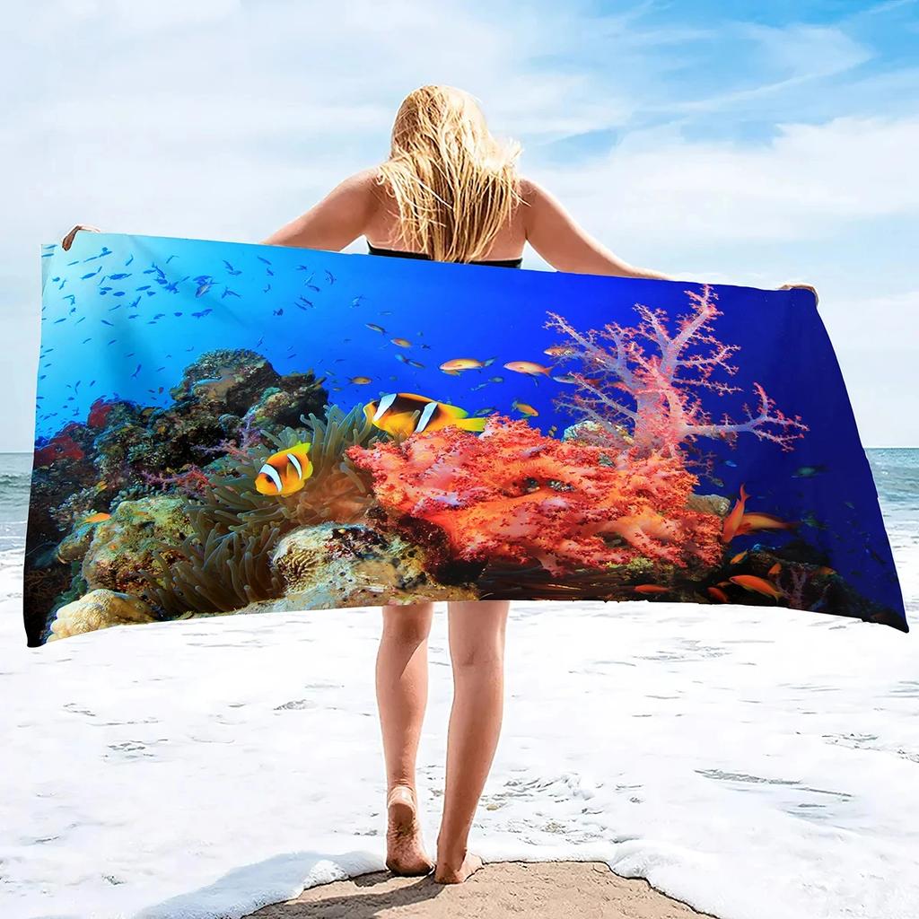 Sea World Beach Towel Cute Fish Bath Towel Polyester Ocean Coral Towels for Sport Spa Swim Yoga Travel Quick Dry Bikini Cover Up