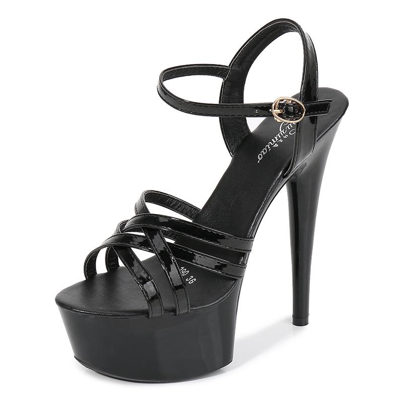 Catwalk Artifact Model High Heels Fine with Sexy Black Platform 15cm Heels Ultra-High-Heel Sandals
