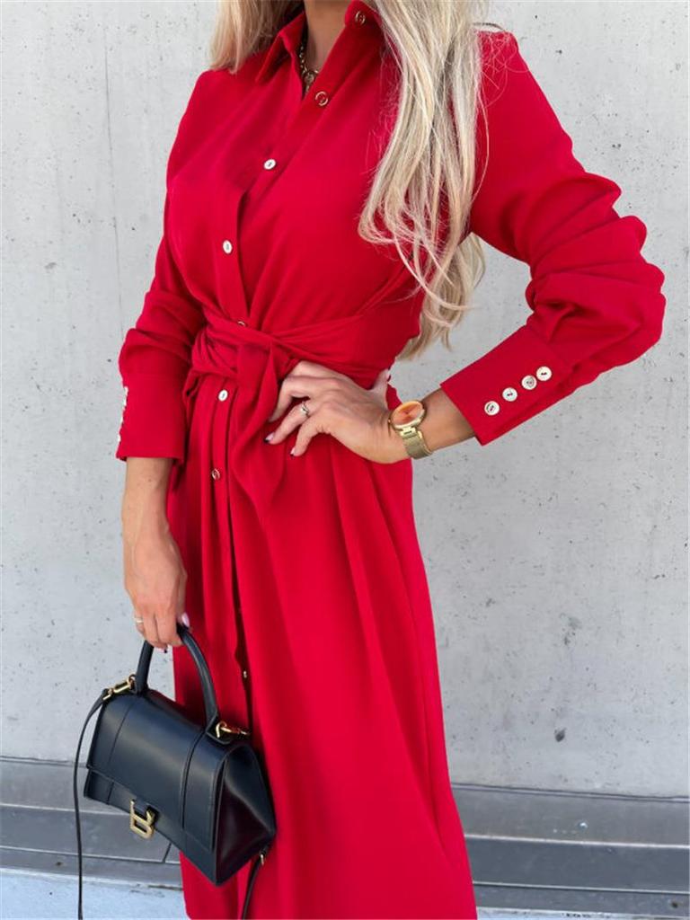 Europe, America, autumn and winter new women's clothing solid color long dress cardigan long sleeve big swing dress