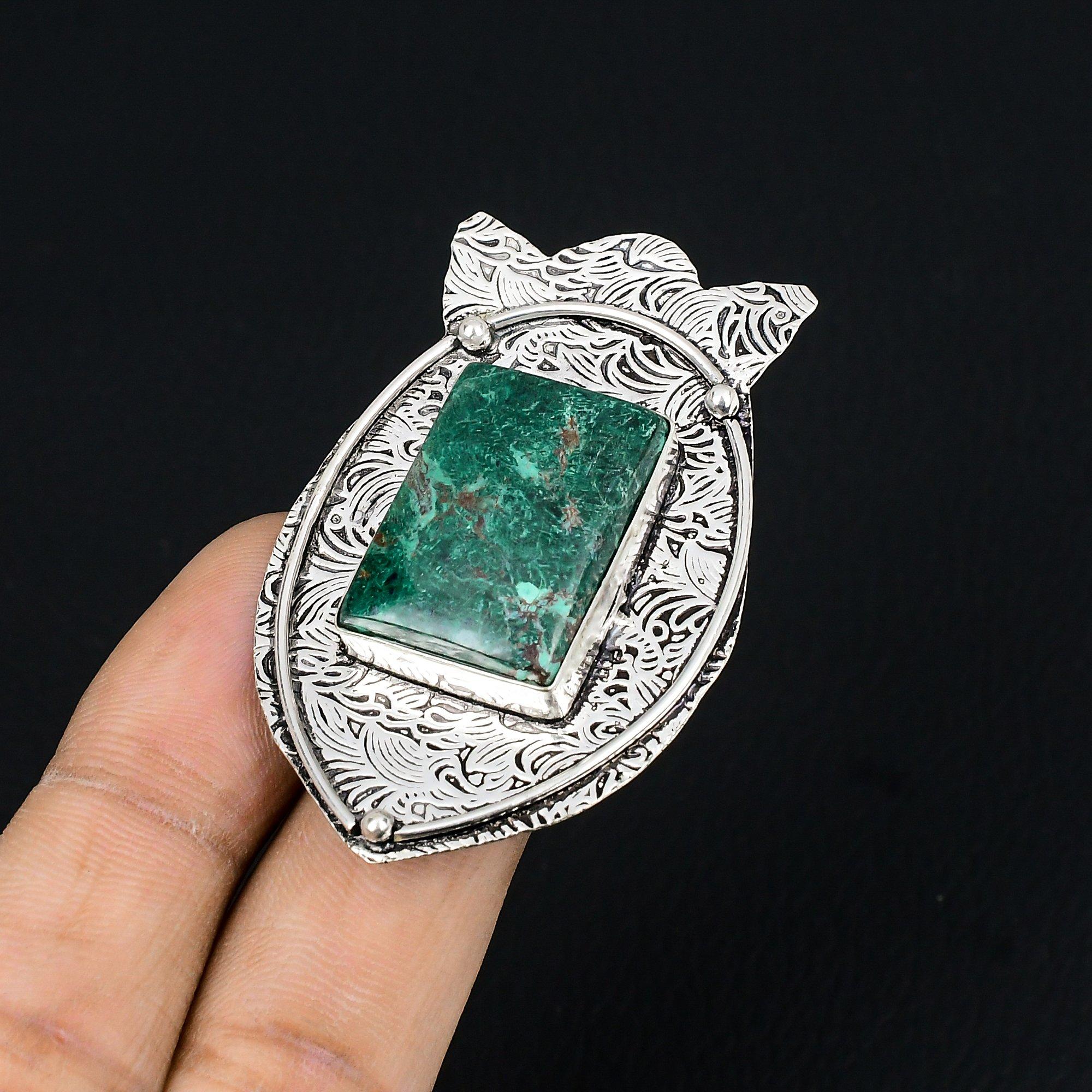 Natural Cuprite Chrysocolla Gemstone Solitaire Green Ring Size 7.5 925 Silver 7.5