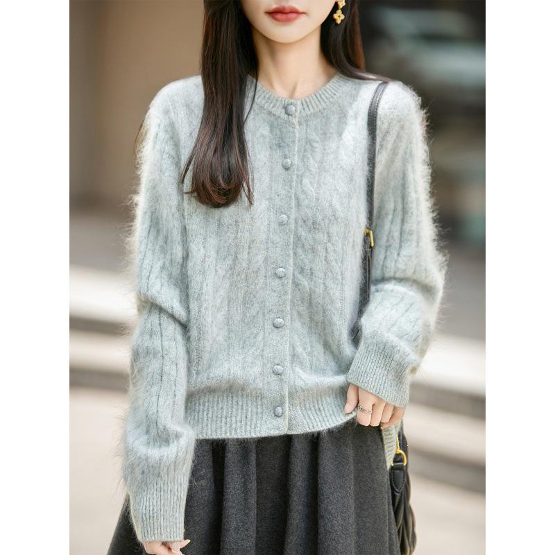 Pink Taro Cable Knit Wool-Blend Cardigan: 2023 Autumn/Winter Women's Long Sleeve Round Neck Sweater