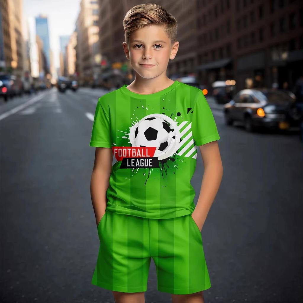 New 3D Football Printed Children's Sleeved Shorts Set Children's 2-piece Set Outdoor Casual Set