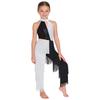 Lateinischer Tanz Wettbewerbskostüm für Mädchen: Colorblock Pailletten Quasten Jumpsuit, Neckholder Ärmellos mit Cut-out Rücken für Bühnenauftritt
