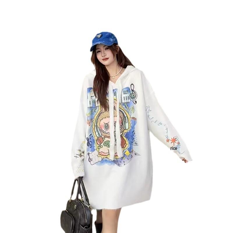 Women's Stylish Mink Wool Hooded Sweater - Soft, Printed, Long Sleeve, Loose Fit, Perfect for Lazy Autumn & Winter Days