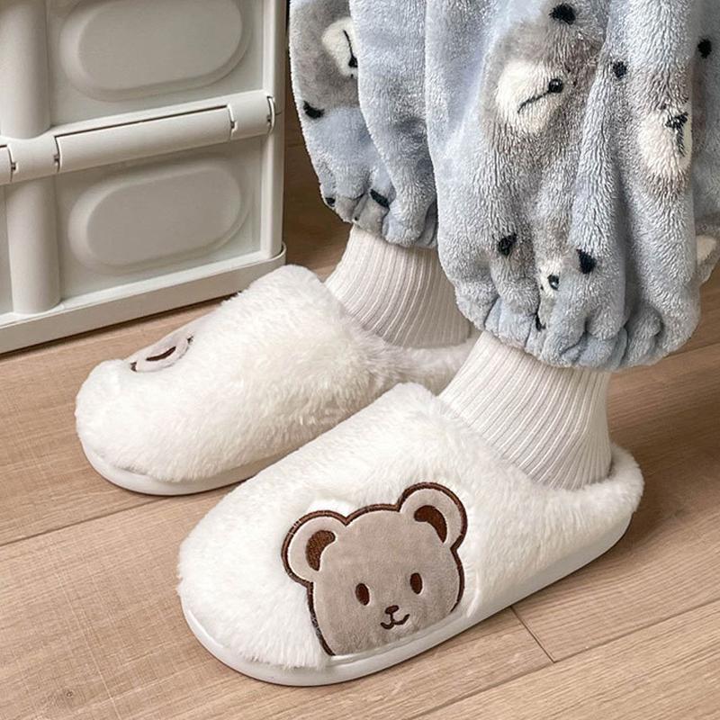 Crestar Fashion Cotton Slippers For Women Winter Warm Cozy Home  Slippers Ladies Indoor Non-slip Plush Shoes Cute Bear Slippers