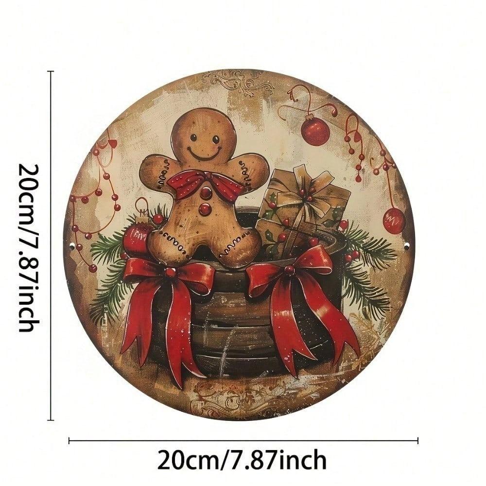 Vintage Metal Tin Sign 8x8 Inch Round, 2D Flat Aluminum Wall Art For Kitchen Bar Cafe, Retro Christmas Gingerbread Man Home Decor