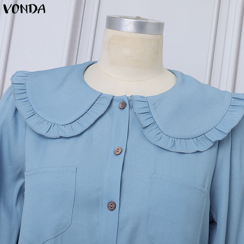 VONDA Women Elegant Doll Collar Long Sleeve Casual Tunic Dress