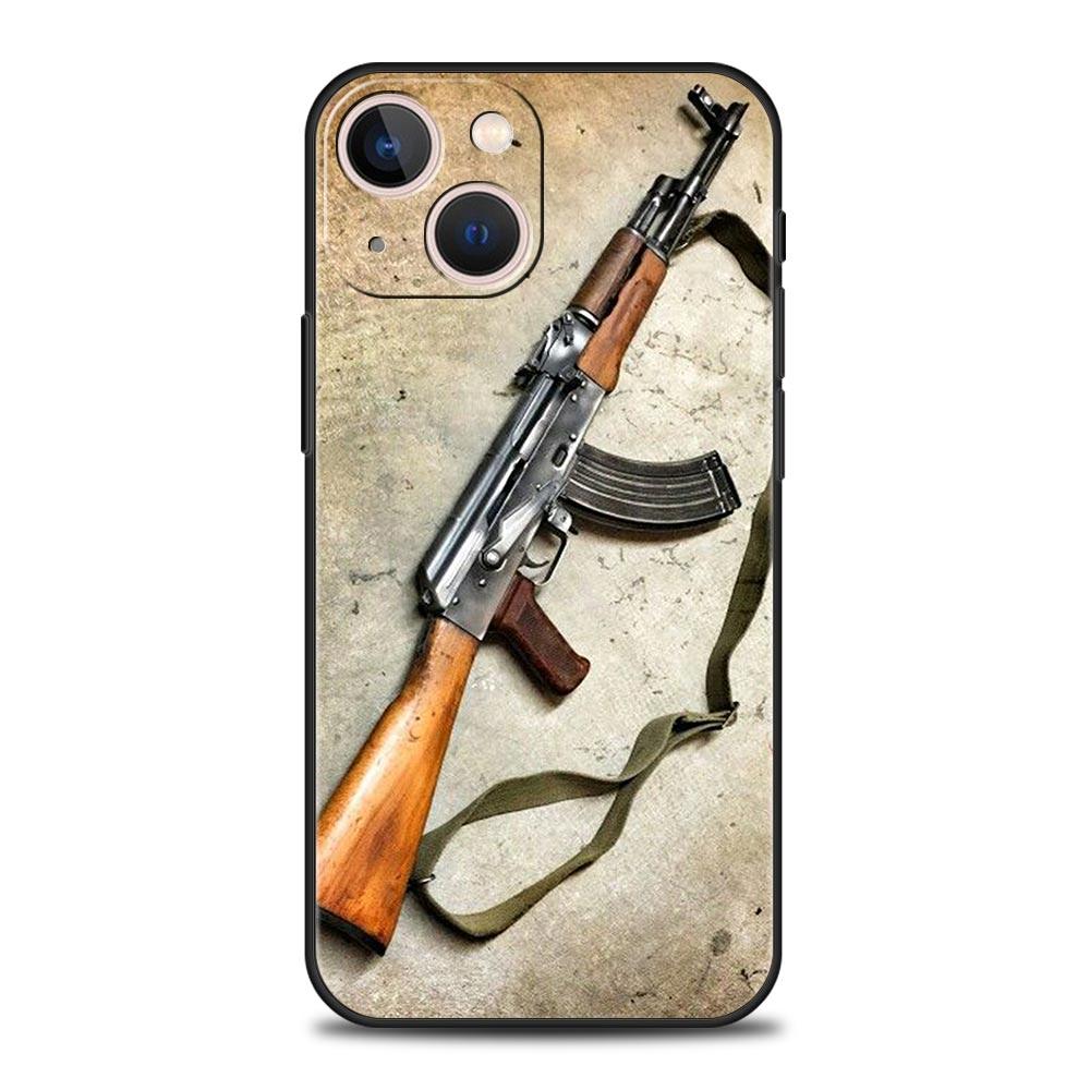 AK47 Handgun Gun BUllets Phone Case For Apple iPhone 11 15 14 Pro MAX 12 13 7 8 Plus X XR XS MAX SE Silicone Black Cover Funda