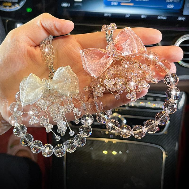 Bling Car Rearview Mirror Hanging Pearl Bow Ornaments Auto Creative Decoration Gifts Pearl Car Decoration Interior Accessories