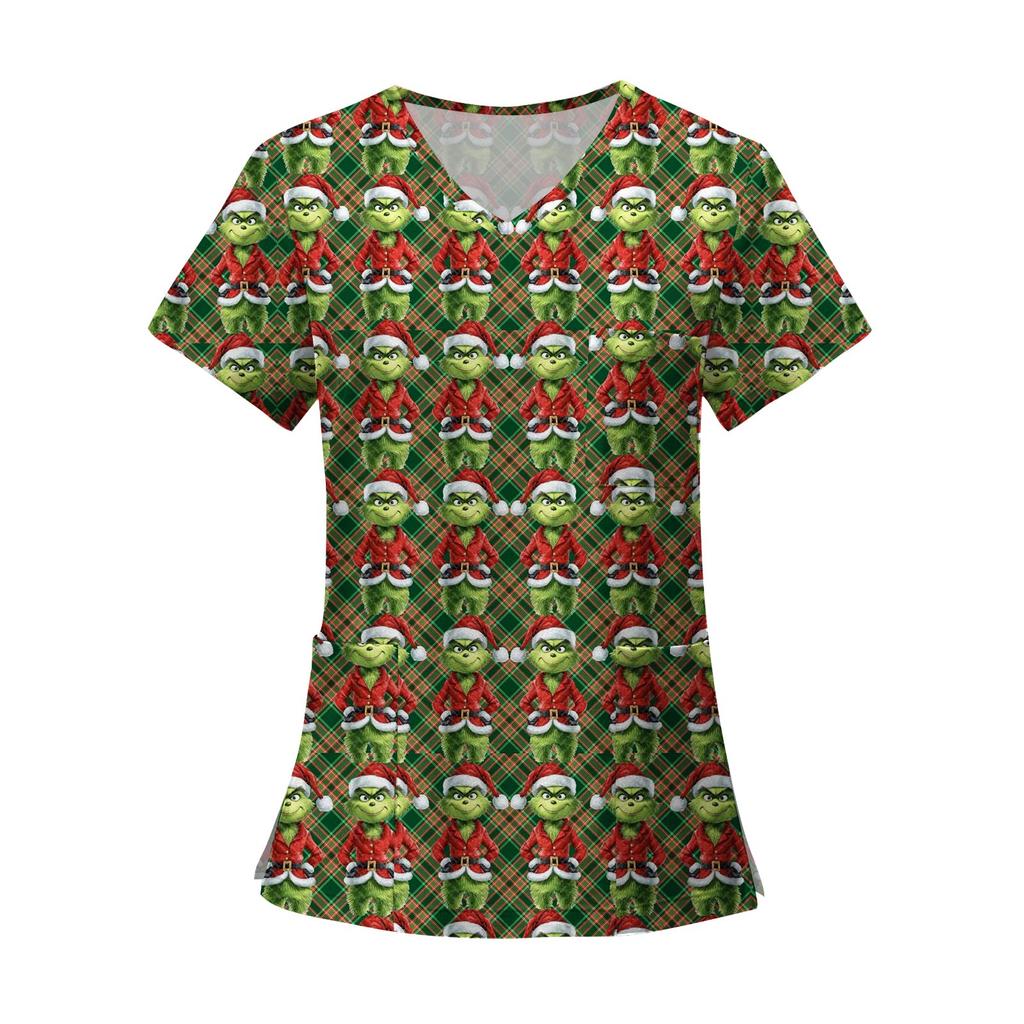 Women's Fashion Printed Short Sleeve V Neck Pattern Tops Pocket Working T-shirts