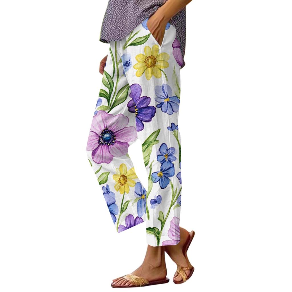 Women Casual Drawstring Waist Pants with Pockets Loose Fit Floral Print Elastic Waistband Lightweight Trousers for Everyday Wear