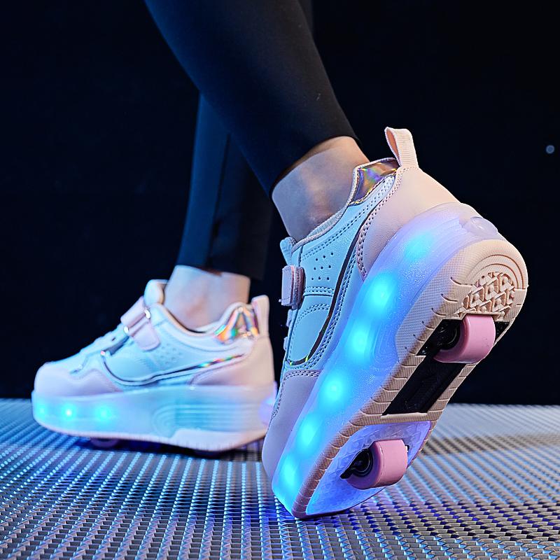 28-38 Children's Plus Size Two Wheels Disassembled Into Flat Sports Shoes LED Illuminated Sports Shoes Children's Shoes Board Shoes