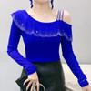 Spring Autumn Streetwear Spring Sexy Off Shoulder Women's T-Shirt Elegant Slim Design Tops Female Chic Ruffles Hot Diamonds Tees
