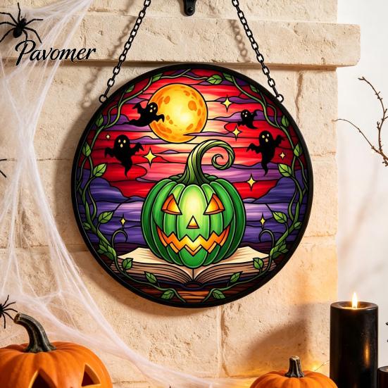Transparent Light Shadow Effects Halloween Pumpkin Suncatcher, Stained Glass Style Round Window Hanging Ornament, Acrylic Creative Holiday Home
