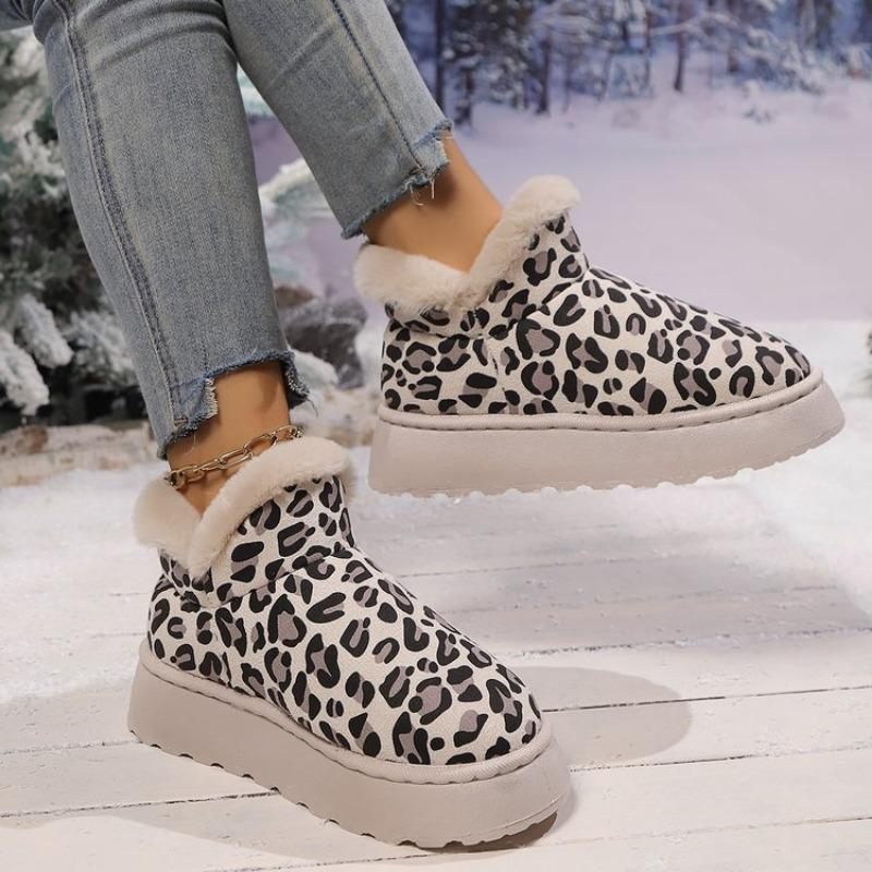 Fashion Women's Thick Snow Boots Winter New Round Head Suede Leopard Sleeve Anti-slip Wear-resistant Short Boots