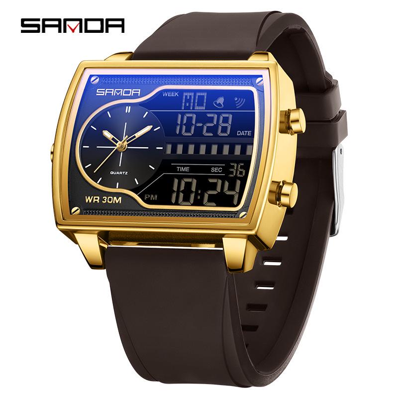 שעון ספורט רב-תכליתי עמיד למים לגברים מבית Sanda עם תצוגה כפולה מסוגננת.