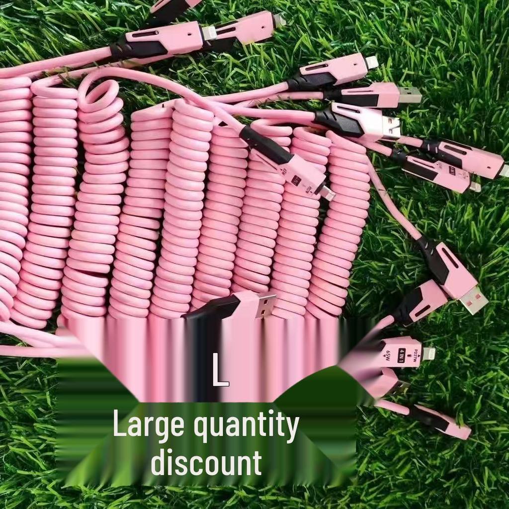 65W Feder ausziehbares 4-in-1 Schnellladekabel für iPhone, Huawei und Android-Geräte