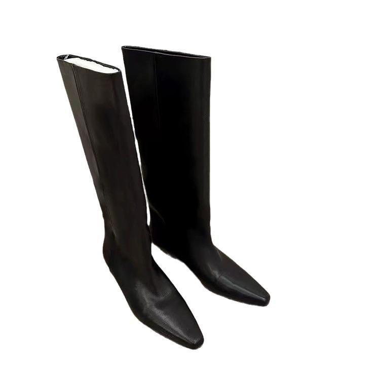 Cowhide version fat mm leather pointed retro high knight boots women's thick heel leather heel is thin but knee long boots