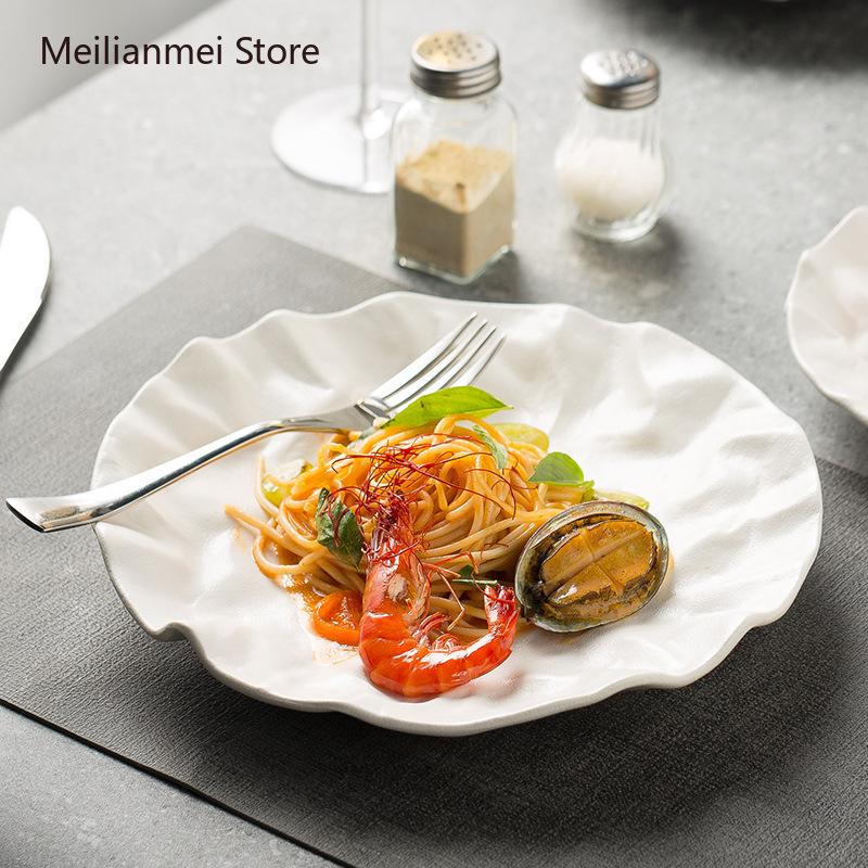 White Ceramic Plate Pleated Flat Plate Restaurant High-end Dessert Plates Creative Tableware Ceramic Dinner Black Plates