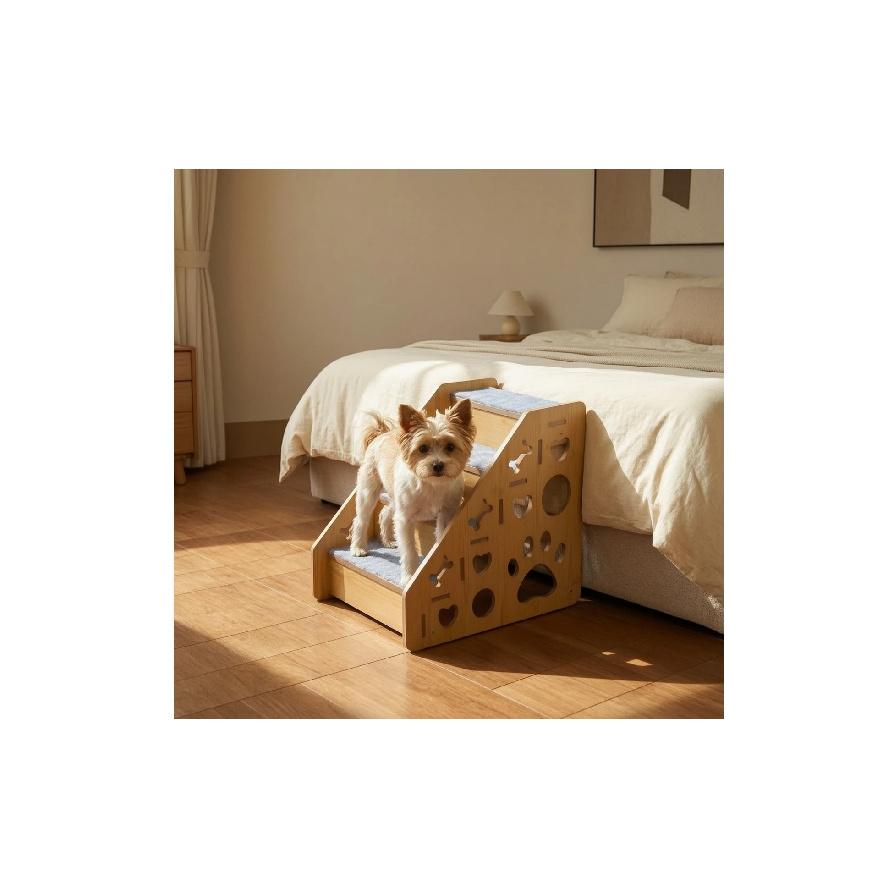 Wooden Pet Staircase Carpeted 4-Step Pet Stairs Dog Steps with Carpet Indoor Furniture Wide for Small Dogs, Bedside, Sofa