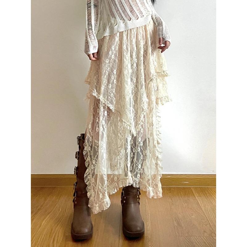 Koronkowa asymetryczna spódnica Fairycore Holiday Kobiety Y2K Ubrania Wysoki stan Moda Spódnice midi Uroczy patchwork Estetyka vintage Pani