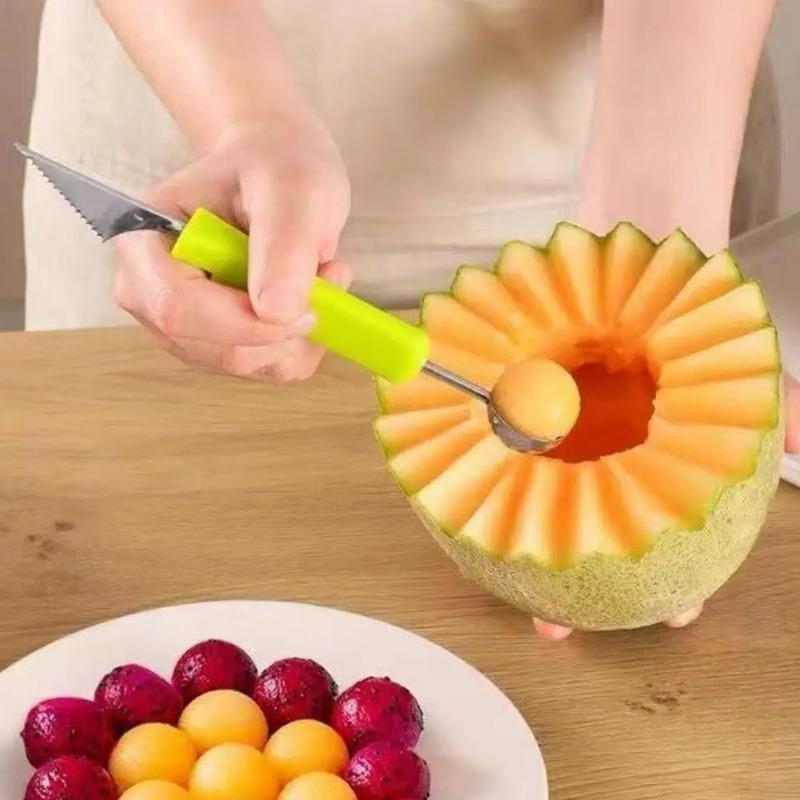 Edelstahl Obstschneider 4-in-1 Melonenlöffel Spülmaschinenfest Küchenhelfer Schnitzwerkzeuge für Wassermelone Cantaloupe