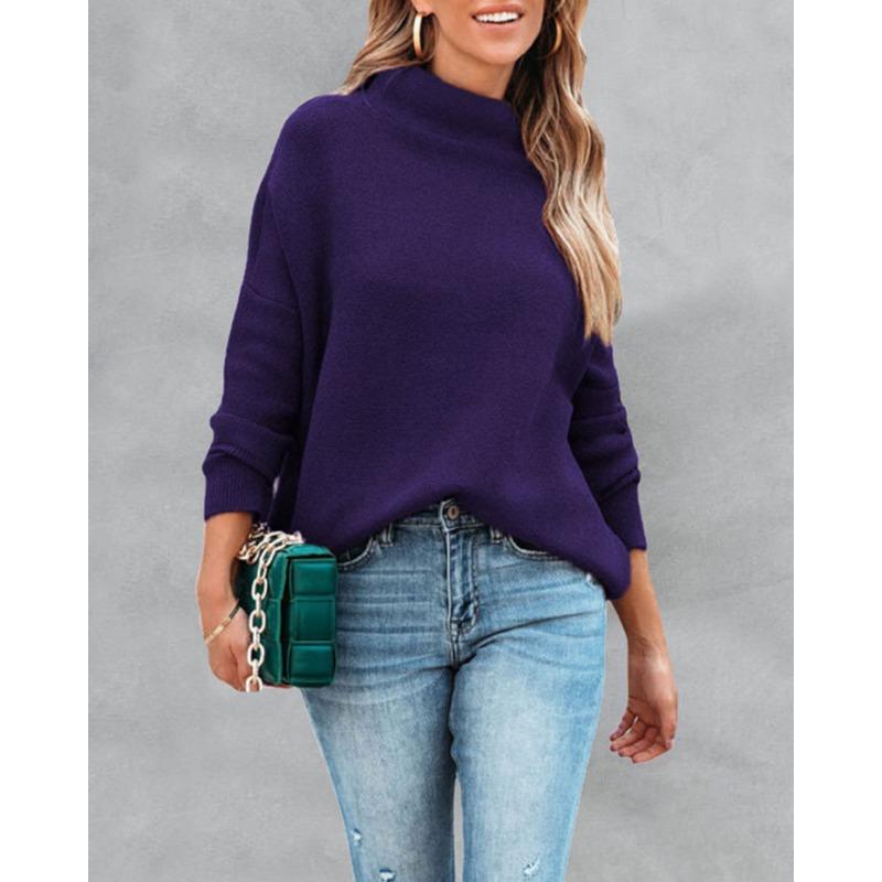 Γυναικείο φθινοπωρινό και χειμερινό πουλόβερ με ψηλό λαιμό με έναν ώμο μονόχρωμο, χαλαρό πουλόβερ
