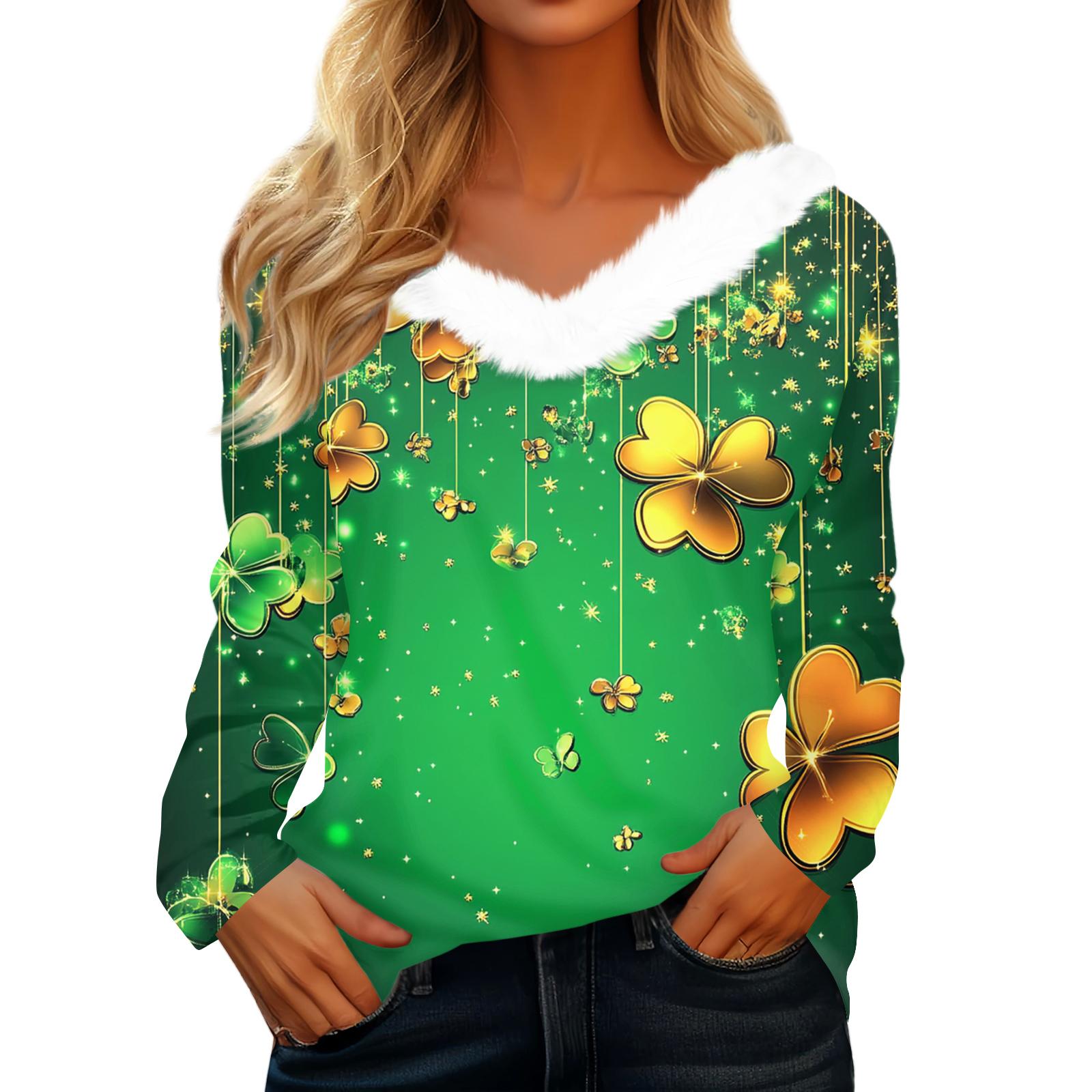 

Women s Saint Pao Print Long-sleeved V-neck Casual Loose T-shirt Top L