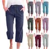 Pants For Women Casual Summer Solid Color Elastic High Waist Cotton And Linen Loose Pants Drawstring Pocket Mid Leg Pants